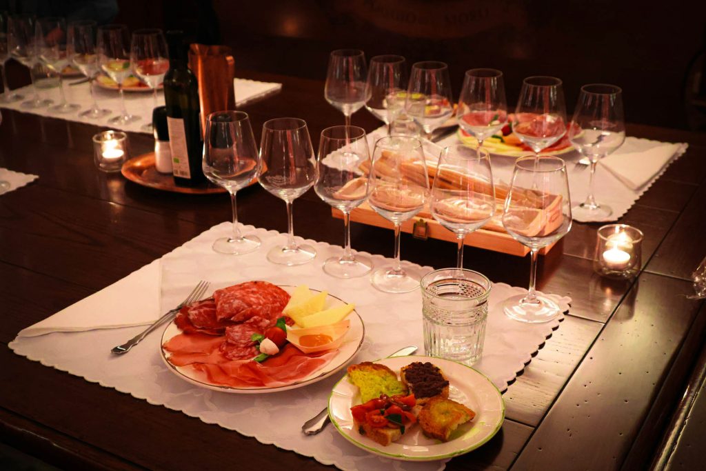 A table set for a wine and food tasting
