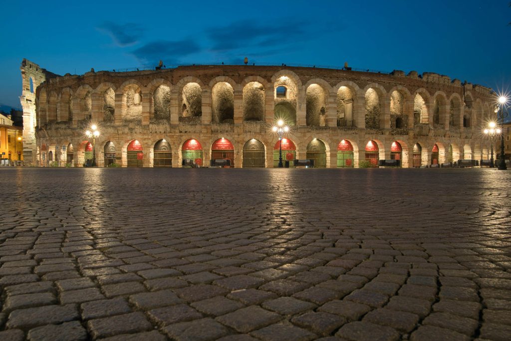 The Arena lit up at night
