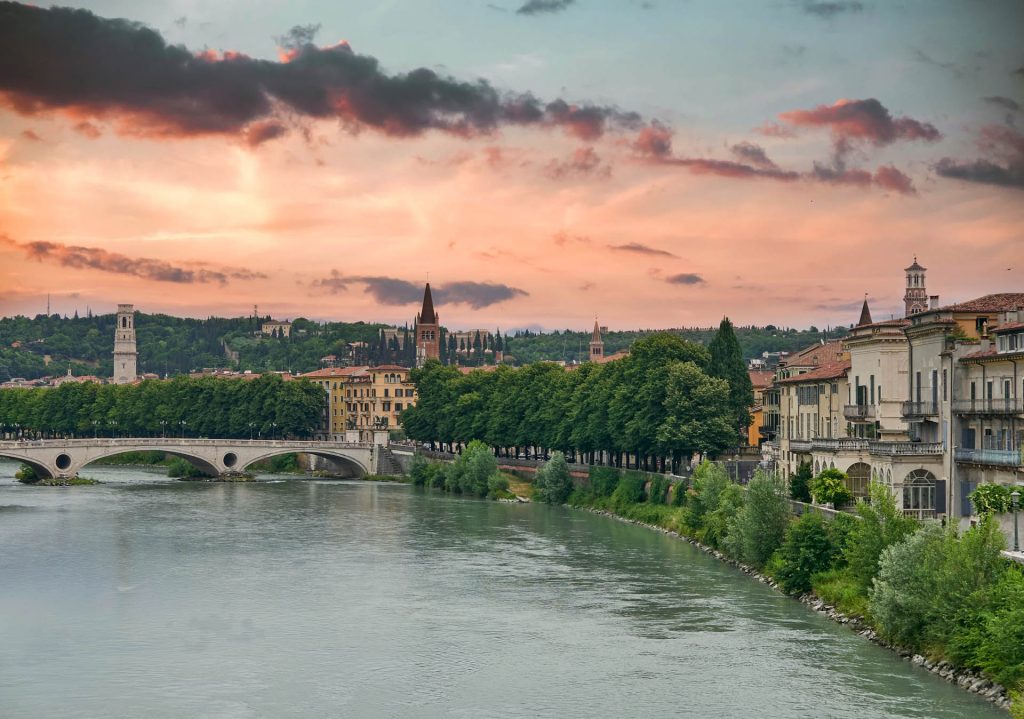 The Adige riverside at sunrise